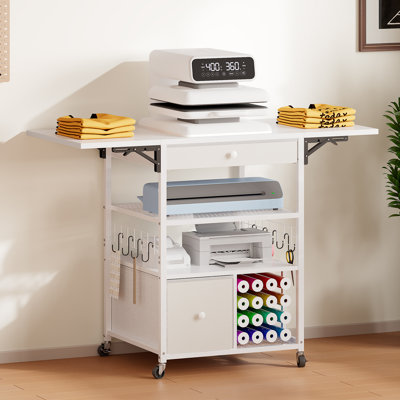 Foldable Heat Press Stand, Mobile Heat Press Table with 2 Drawers & Vinyl Roll Holder (Holds 16 Rolls), Sublimation Printer Cart, Craft Cutting Machine Workstation for Sublimation, Heat Transfer Projects
