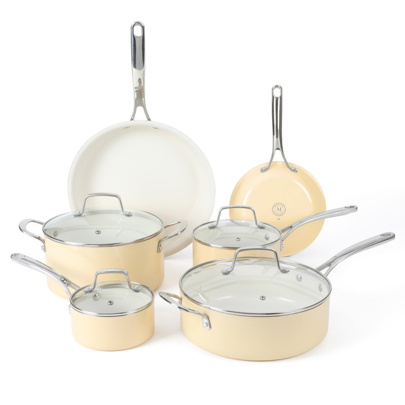 Martha Stewart Lockton 10 pièces en aluminium émaillé antiadhésif sans PFA de qualité supérieure, Rose clair / argent