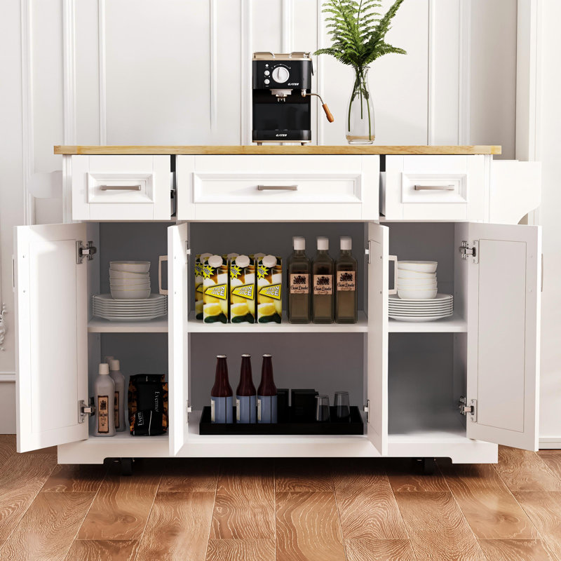 54" Rubber Wood Kitchen Island With Drop Leaf, Embossed Texture Rolling Cart With 4 Doors & 3 Drawers, White, White