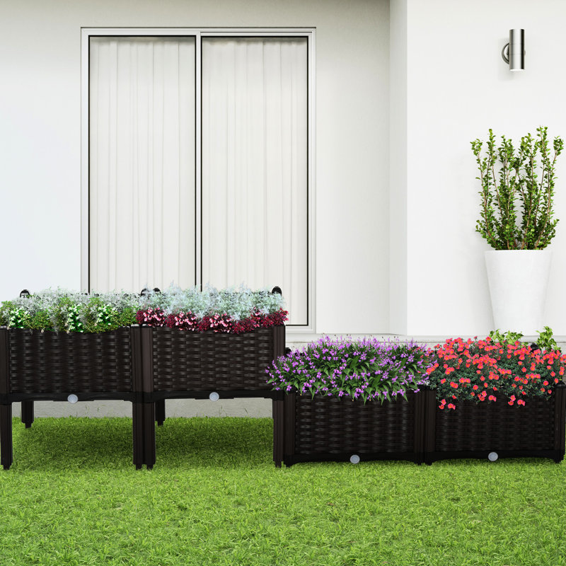 Boîte de jardin surélevée brune avec pieds et jardin, avec jardinière 4 pièces pour légumes, herbes, fleurs, lit en plastique