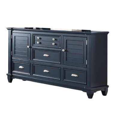 Commode large Zeny, 5 tiroirs, 2 armoires à 2 portes, bois massif bleu ardoise