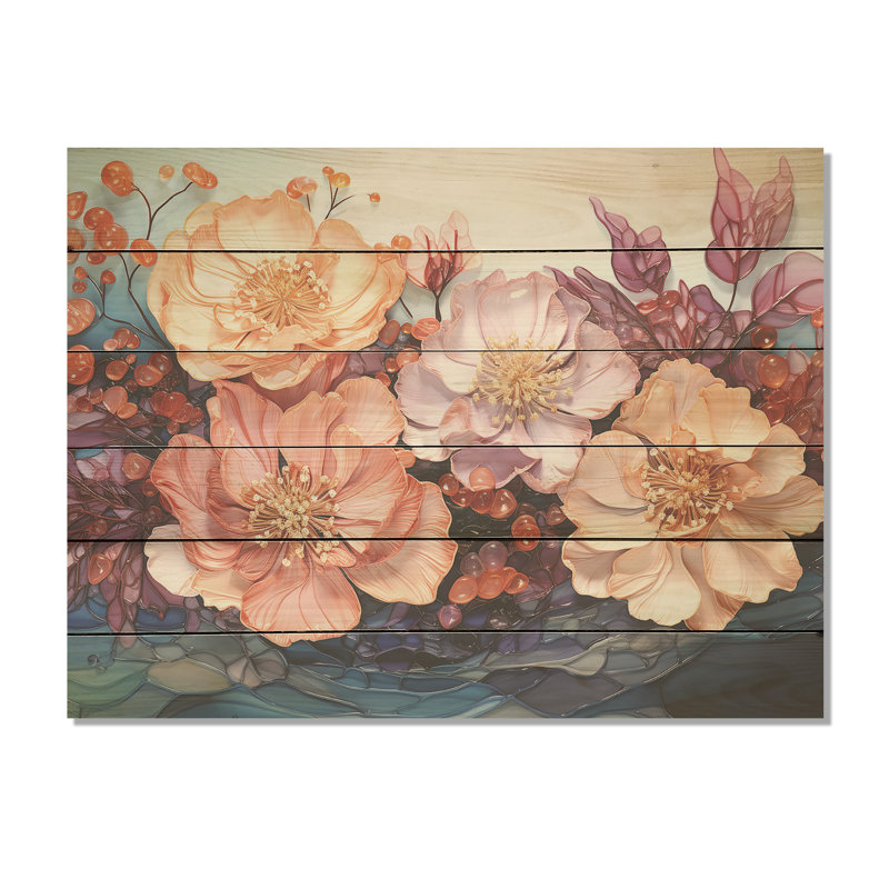 «Peach Hydrangea S Whispers», art mural en bois sur bois de pin naturel, H 10 po x l 20 po