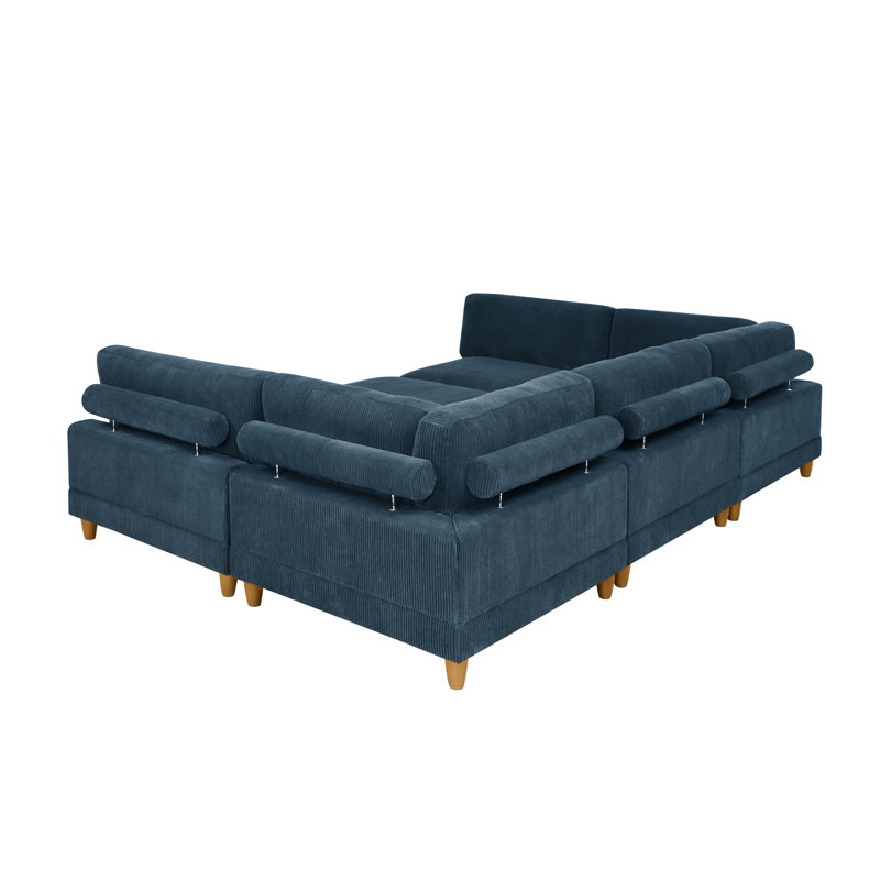 Canapé modulaire à large assise en velours côtelé, Velours côtelé bleu foncé, H 34 po x l 178 po x P 89 po