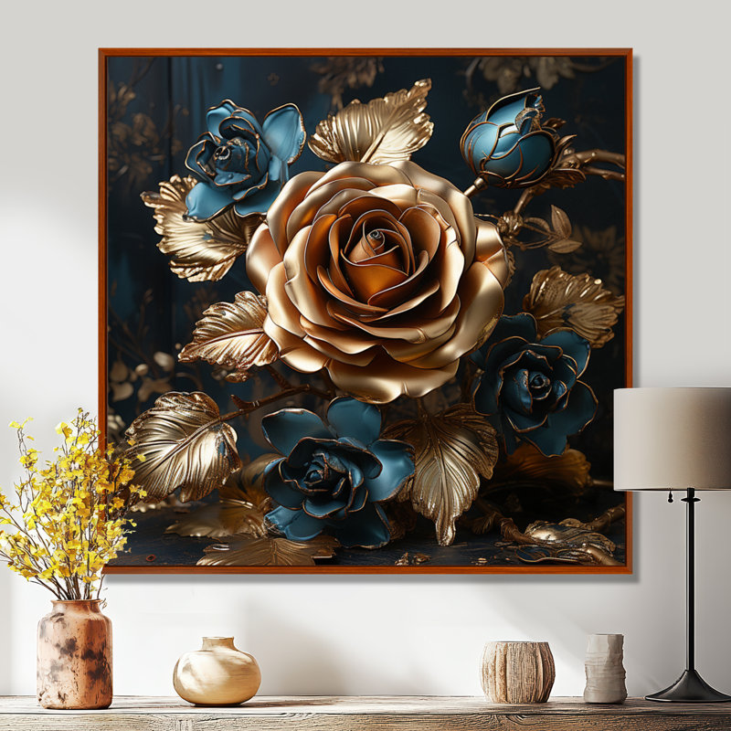 «Golden Rose», impression d'art mural «Roses», Toile avec cadre flottant brun, H 16 po x l 16 po x P 1 po