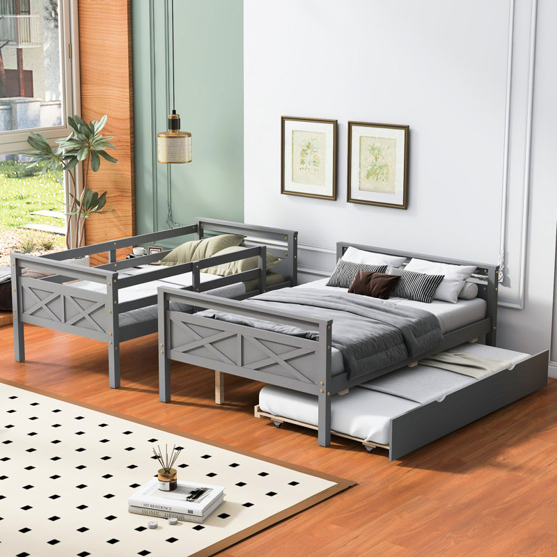 Lit simple superposé au dessus d'un lit double avec garde-corps, lit gigogne gris, Gris