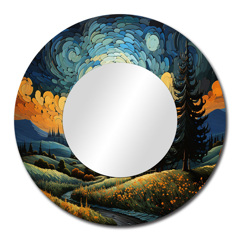 Vangogh The Swaying Cypress III - grand miroir Vangogh, décor de miroir mural rond bleu sarcelle, impression d'art en métal