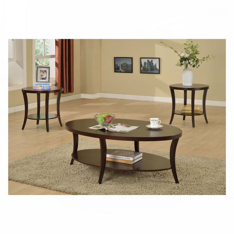 Ensemble de tables basses ovales avec plateau en bois et tablette de plancher, Brun