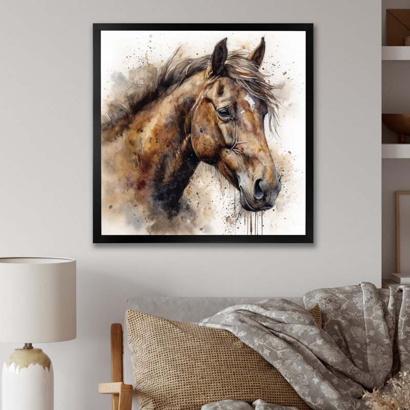 «Brown Watercolor Horse Portrait», reproduction d'art sur toile, Cadre photo noir, H 16 po x l 16 po x P 1 po