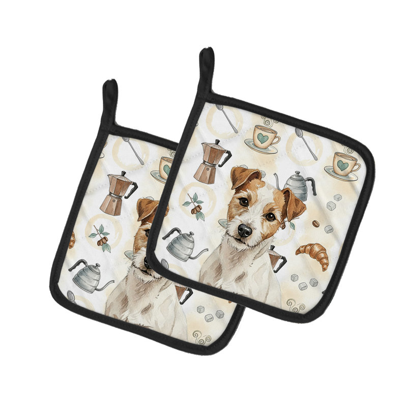 White with Tan Markings Russell Terrier Coffee Bar Pair of Pot Holders
