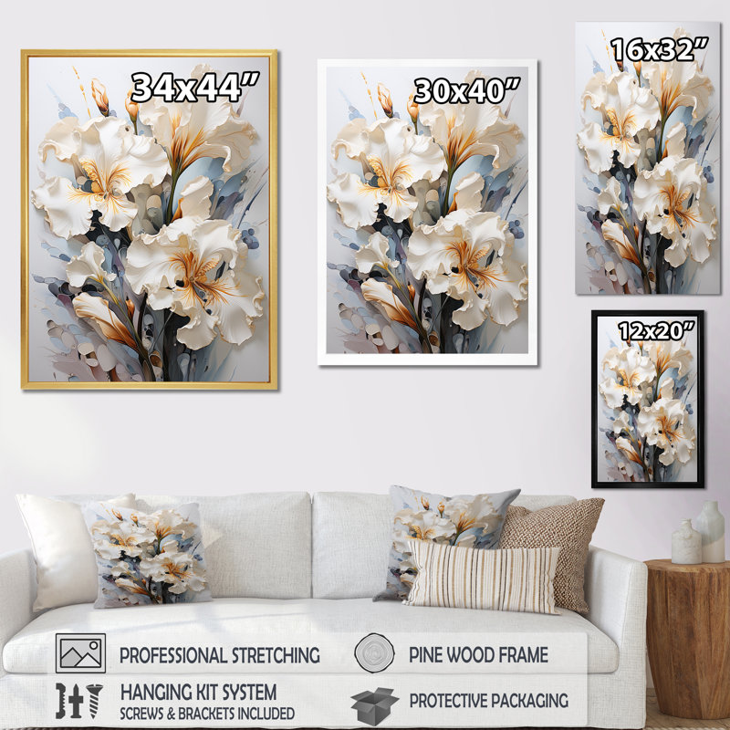 «Serenade of Irises» beige et jaune sur toile, impression sur toile, Cadre simple argenté, H 44 po x l 34 po x P 1,5 po