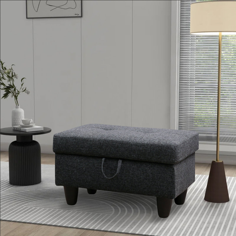 Linen Blend Upholstered Storage Bench, Black Gray