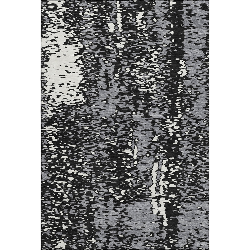 Premium Machine Washable Prisco Black Rug, Rectangle 5' x 7'6"