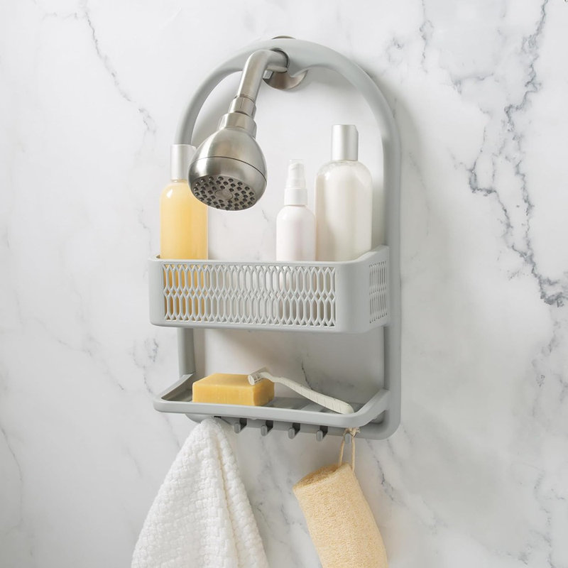 Serviteur de douche moulé - Gris - Organisateur de salle de bain avec 6 crochets pour les rasoirs, débarbouillettes et accessoires, stabilité de la ventouse