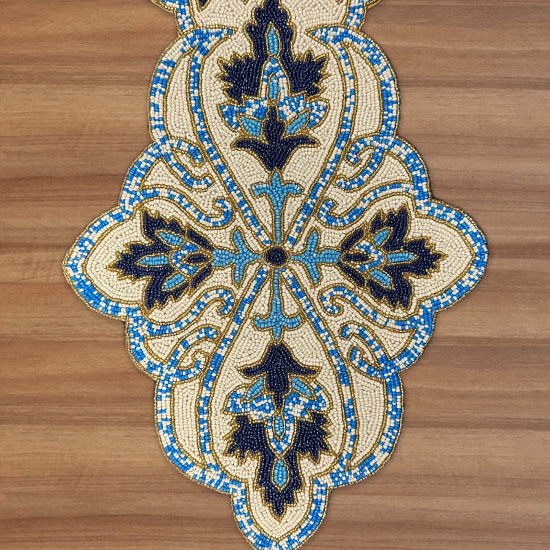 Embroidered Beaded Blue White Table Runner with Glass Bead Embroidery for Christmas and Home Decor, 54" Rectangle