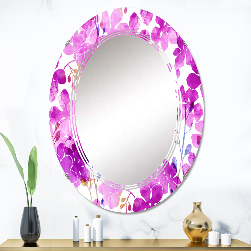 Fuchia lilas et branches - Miroir mural à motif ovale, 36 po x 24 po