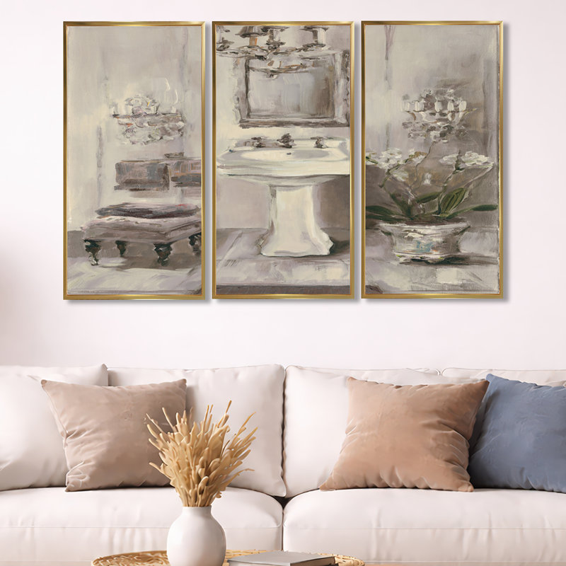 " French Bathroom Vintage II " 3 - Pieces, 32" H x 48" W x 1" D, Gold Framed