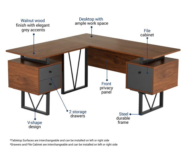 17 Stories Tirese 59'' L Shaped Desk with Lift Top and 2 Drawers