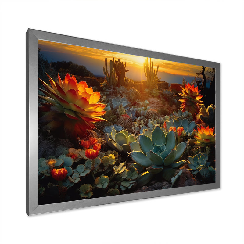 Succulent Desert Cactus Field Burning Sunset - Succulent Wall Art, Cadre photo unique, H 12 po x l 20 po, Argent