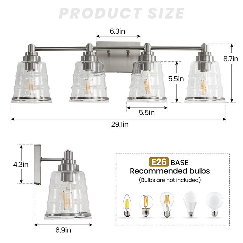 Dimmable Vanity Lighting for Bathroom  (Available in Four Sizes), Clear, Nickel, 4