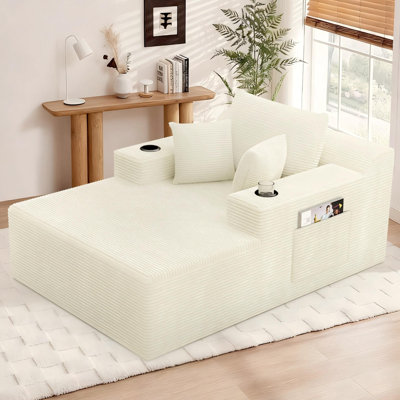 67" Oversized Chaise Lounge Chair Indoor, Boneless Sleeper Sofa Bed with 3 Pillows, 2 Cup Holders & Storage Pocket,Corduroy Deep Seat Lounge Chair for