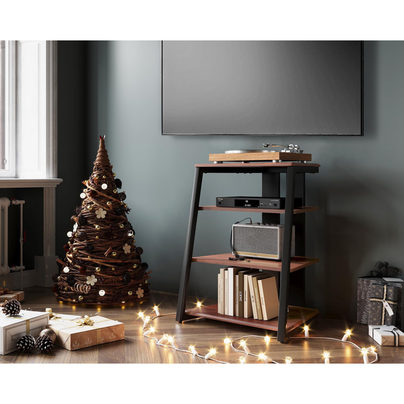 4-Tier AV Media Stand Corner Shelf For Record Player Wooden Stereo Cabinet Audio Rack Tower With Height Adjustable Wooden Shelves(Walnut)