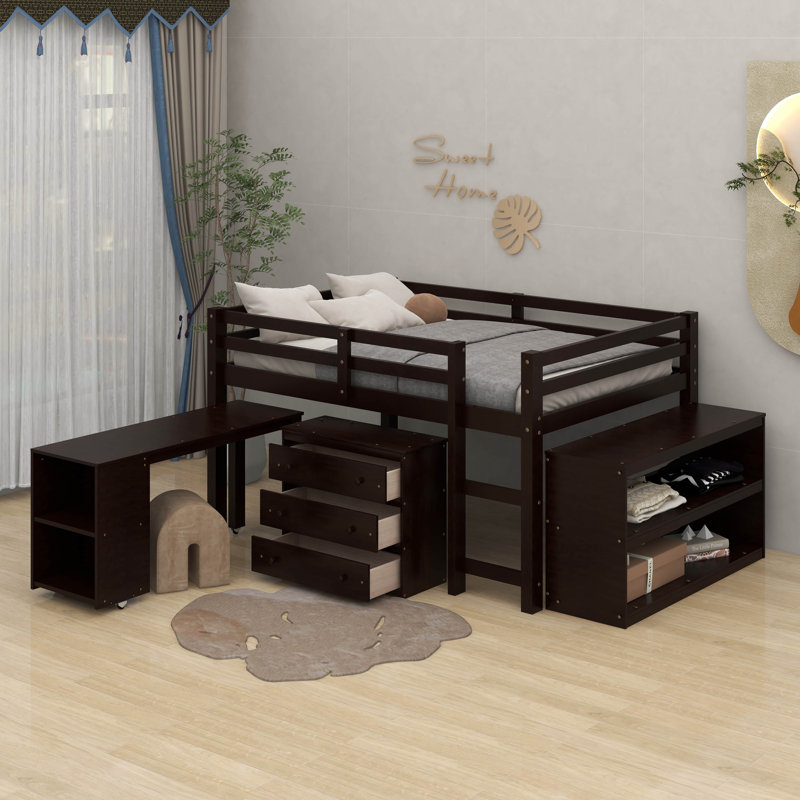 Lit mezzanine double avec armoire, tablettes et bureau
