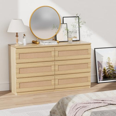 Commode en rotin pour chambre à coucher avec 6 tiroirs, commode de style campagnard moderne de 47 po, armoire de rangement en bois pour placard, salon, couloir