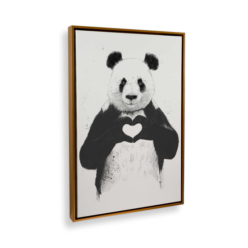 Panda Love en noir et blanc, H 48,75 po x l 32,75 po, Impression encadrée sans passe-partout, Or poli
