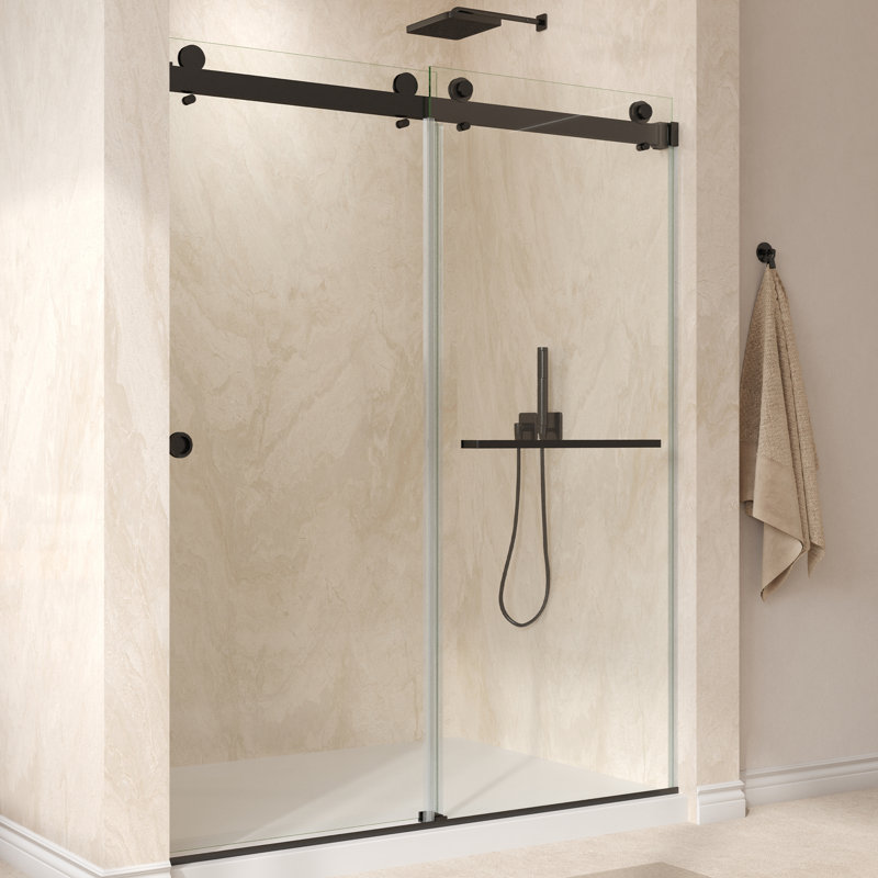 Porte de douche sans cadre 55-59 po L x 72 po H, cabine de douche coulissante double avec verre trempé de 5/16 po (8 mm), revêtement facile à nettoyer, noir mat