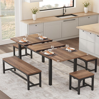 Dining Table Set For 46 With Upholstered Benches And Stools