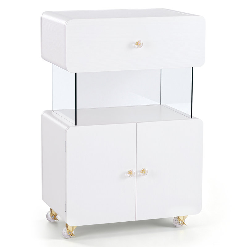 Chariot utilitaire avec tablette en verre et armoire, chariot de rangement roulant pour salon