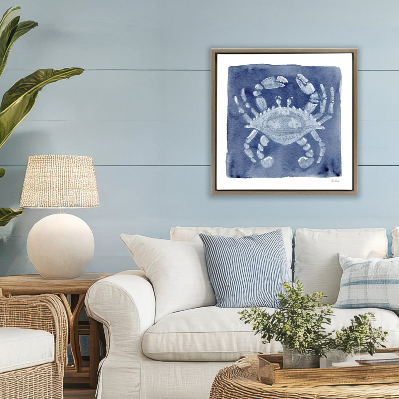 Crabe blanc sur cadre flottant indigo, design par Patti Bishop, H 25 po x l 25 po, Montalcino orme flottant encadré