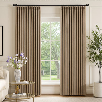 Pleated Natural Linen 90 Inch Curtains 2 Panels Set for Sliding Glass Doors, Semi Sheer Memory Trained Bedroom Window Drapes Light Filtering Privacy Curtain 40W x 90L
