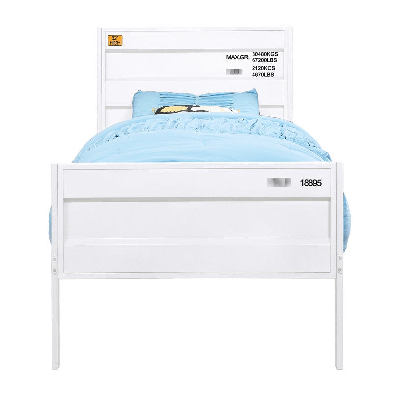 Lit plateforme double en métal de style industriel, blanc, avec thème de contenant de chargement, sommier tapissier non nécessaire, nécessaire pour un attrait de chambre à coucher moderne