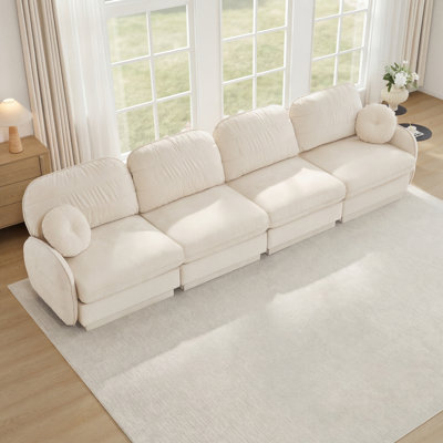 Canapé de 137 po à 4 places en chenille nuage, coussins ronds et coussins de dossier matelassés exquis, pieds de cadre de base encastrés, assise de conception ergonomique, siège facile à installer, canapé à assise profonde pour le salon, beige crème