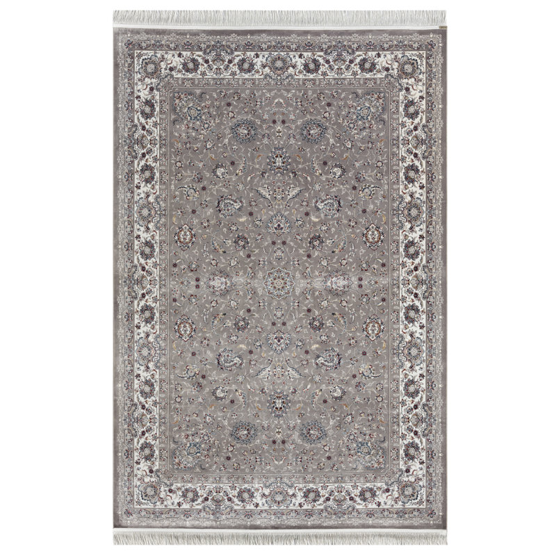 Minyatur Dark Gray & White Medallion Area Rug – Low-Pile 100% Viscose Woven Carpet, Traditional Design