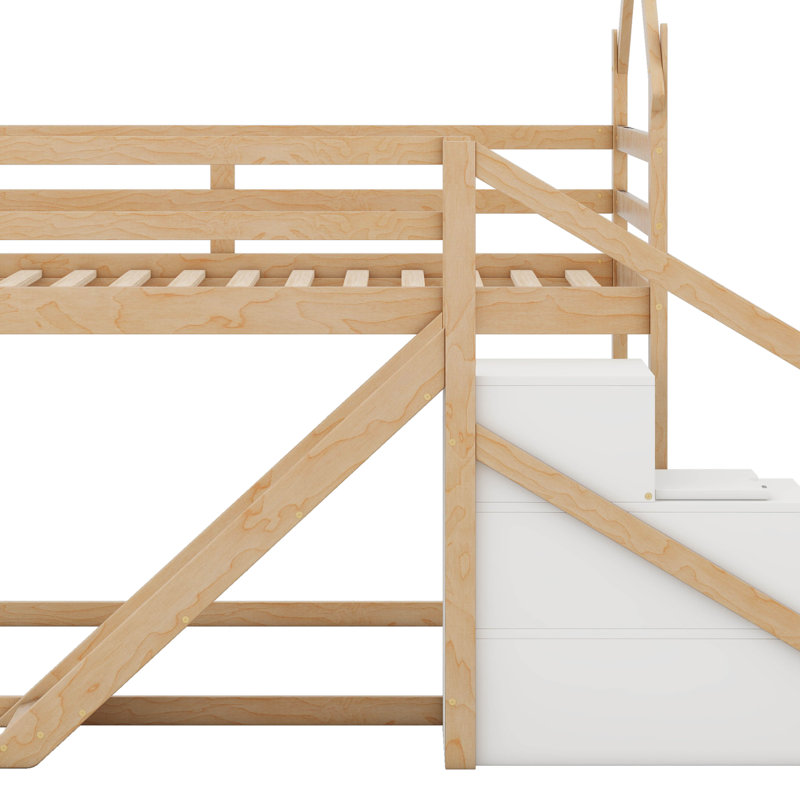 Lit superposé simple au-dessus de simple avec glissade et escalier, structure de lit mezzanine / lit superposé en bois avec rangement