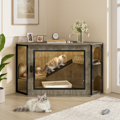 48" Corner Cat Litter Box Enclosure, Modern Hidden Litter Box Corner Cabinet Grey