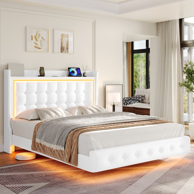 Upholstered Platform Bed with LED Lights, Charging Port, Floating Bed, Full, White
