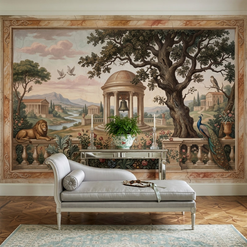 Papier peint classique paysage méditerranéen rotonde néoclassique, 140 po x 108 po, Non tissé