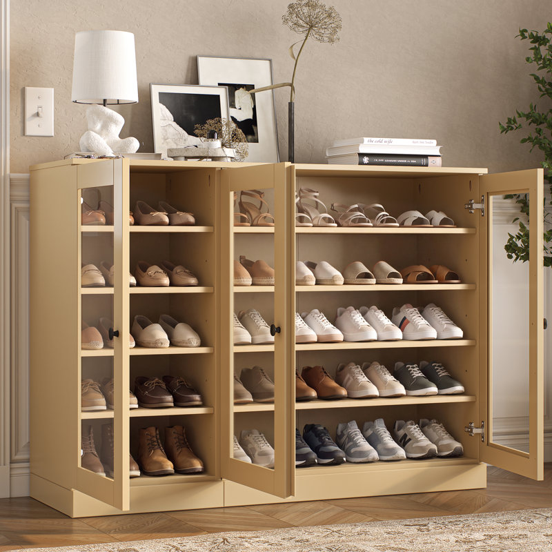 Armoire de rangement à chaussures 100% en bois massif avec porte en verre, tablettes réglables, rangement modulaire pour vestibule, l 48,5 po x H 35,75 po
