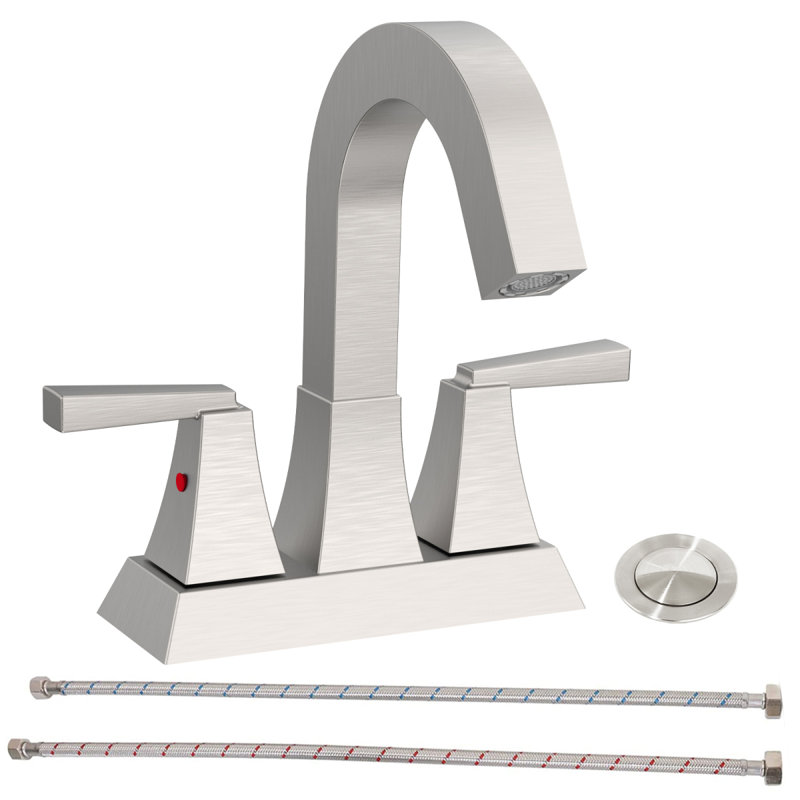Bathroom Sink Faucet Brushed Nickel 2-Handle 4 Inch Center-Set Bathroom Sink Faucet, Sink Drain With Overflow Hole And 2 Supply Lines Included, Modern Vanity Basin Faucet