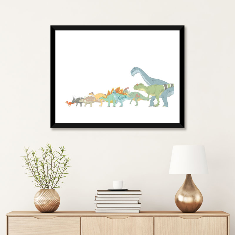 Dessin au crayon illustrant divers dinosaures et leurs tailles comparatives par Alice Turner - impression d'art graphique