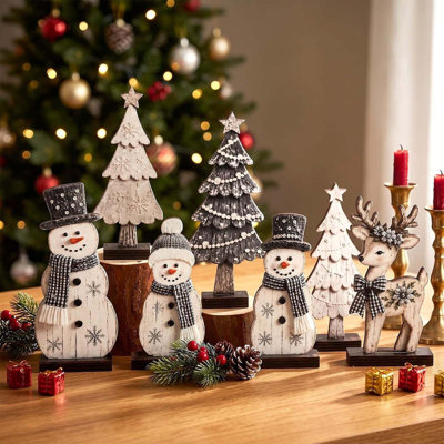 Ensemble de 7 décorations de Noël en bois, ensemble de 7 panneaux de rennes et bonhomme de neige, décorations d'hiver