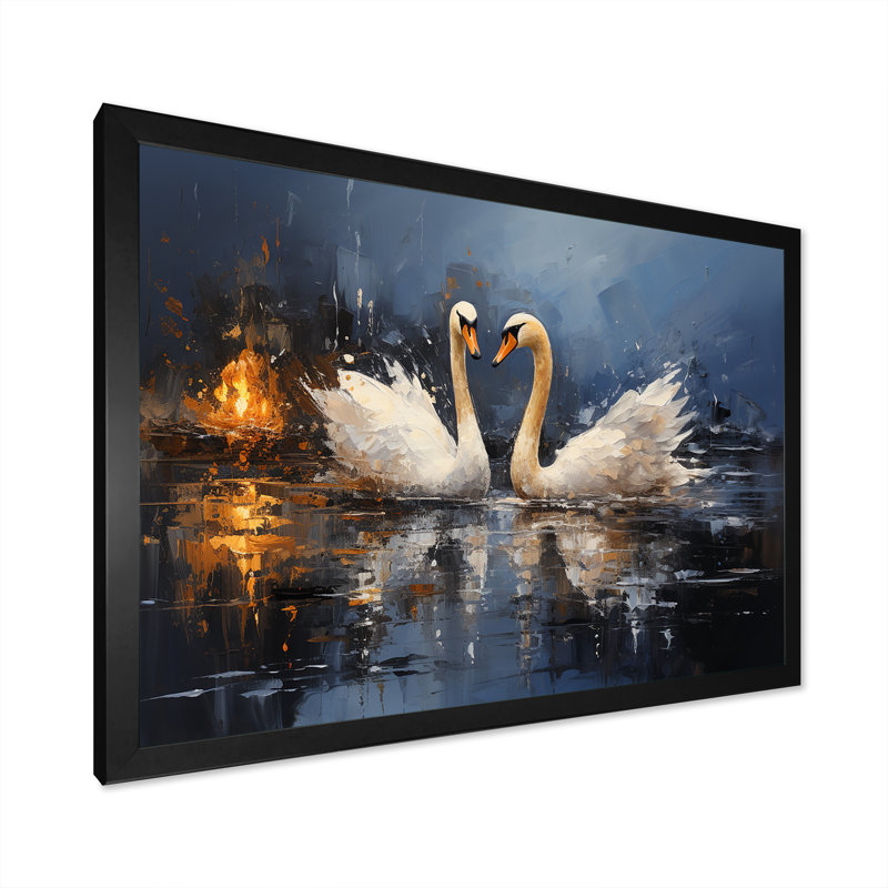 White Swans Harmony Moonlight Pond I - Art mural animaux cygnes, Cadre d'angle fermé noir, H 24 po x l 32 po x P 1 po