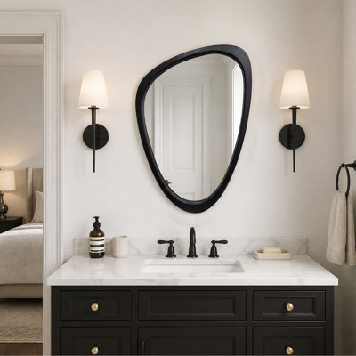 Asymmetrical Wall Mirror Solid Wood Frame Irregular Mirror, Mid Century Modern Decorative Decor for Entryway, Bedroom, Bathroom Vanity, Hanging Vertic