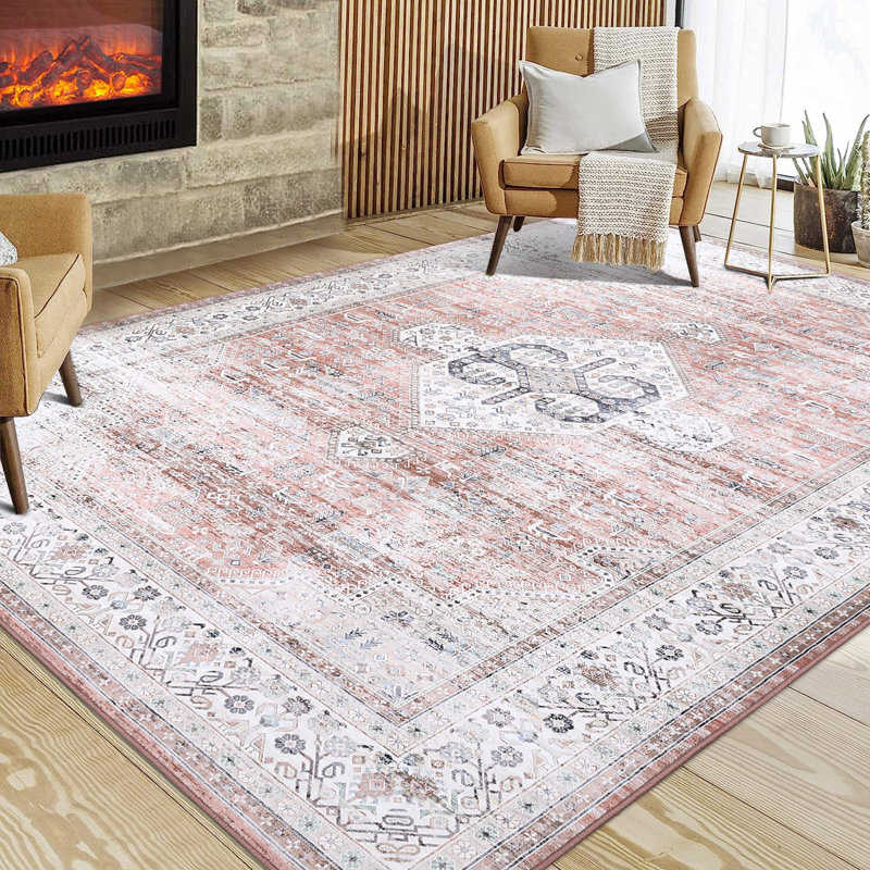 Oriental Machine Washable Rug with Rubber Backing for Living Room Vintage Non-Slip Dining Room Rug Easy-Cleaning Floor Carpet for Bedroom