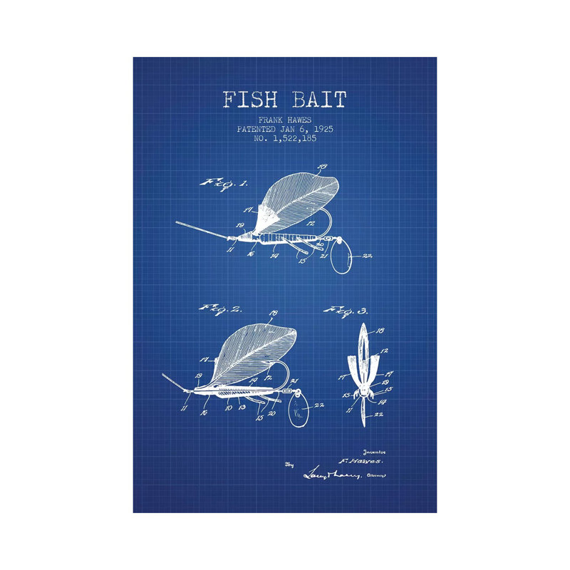 Frank Hawes Fish Bait Patent Sketch (Blue Grid) by Aged Pixel - Wrapped Canvas Gallery-Wrapped Canvas Giclée