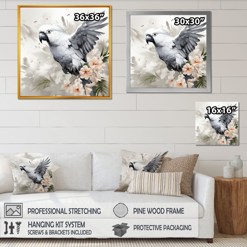 Gris perroquet en vol II - art mural perroquet, Cadre flottant brun, H 36 po x l 36 po