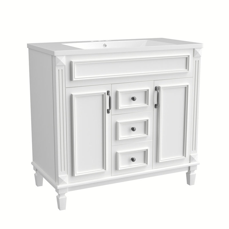 Meuble-lavabo simple 35,9 po avec plateau en bois massif Rahees, Blanc
